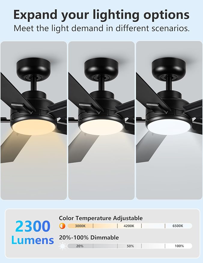 Modern Ceiling Fans with Lights - 52 inch Black Outdoor Ceiling Fan with Light and Remote, Reversible DC Motor, 6-Speed Quiet 3CCT LED Dimmable for Bedroom, Indoor and Outdoor, Patios , ETL Listed