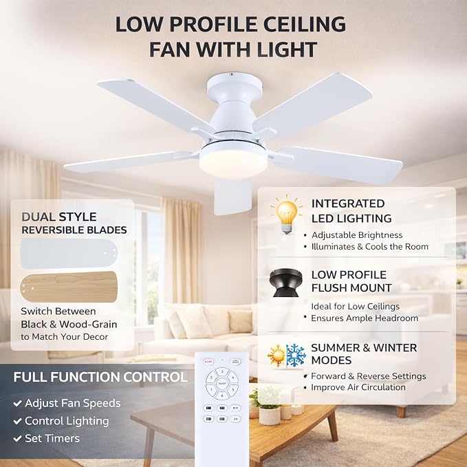 46 Inch Ceiling Fans with Lights and Remote, Flush Mount, White | Low Profile, Dimmable LED, Reversible, Quiet DC Motor, Wooden Blades, for Modern Apartment Bedroom Home Office Living Room