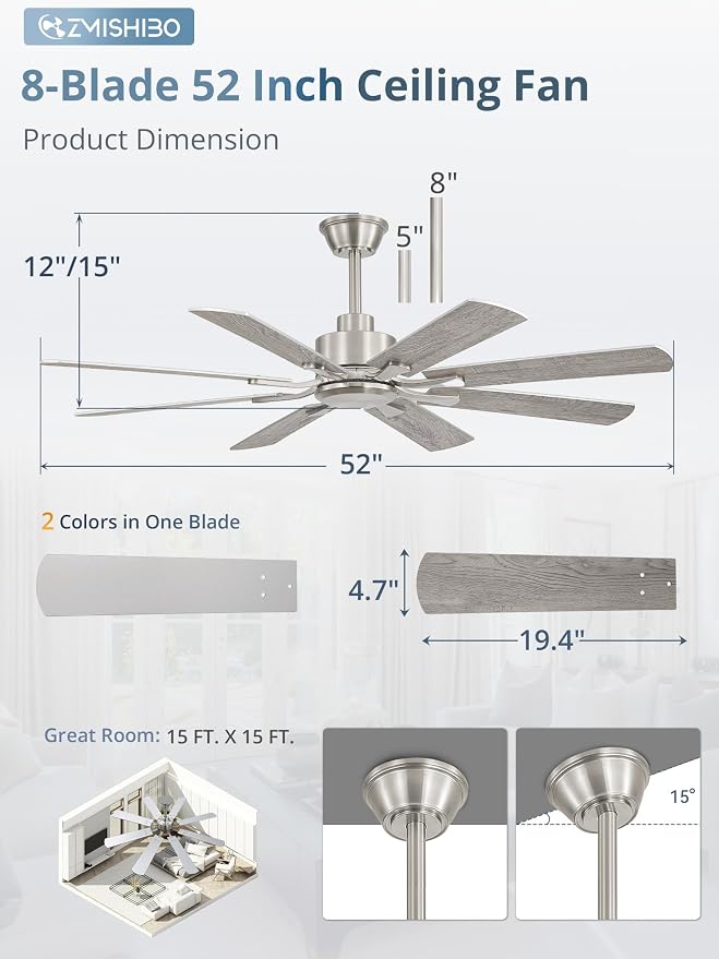 ZMISHIBO 52 inch Ceiling Fan no Light, 8 Blades Brushed Nickel Ceiling Fans without lights, Quiet Rerverible DC Motor, 6speeds, for Bedroom, Living Room, Home Office and Patio