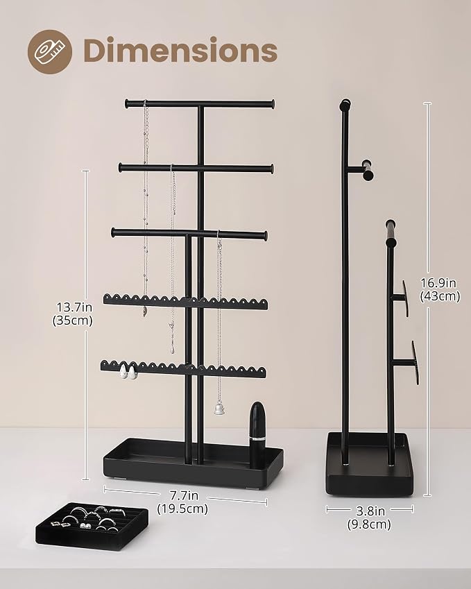 Lolalet 5-Tier Jewelry Organizer Stand, Metal Jewellery Holder, Dresser Display Rack for Necklace Earring Bracelets Rings, Gift for Women Girls -Black