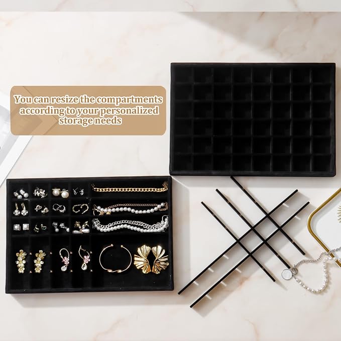 Large Velvet Jewelry Tray Display Drawer Inserts 2 Pack | Stackable Jewelry Organizer for Earring Bracelet Necklace Ring (Black, 48 Grids)