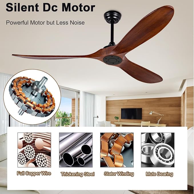 60" Ceiling Fan [No Light with Remote Control], Indoor Outdoor Ceiling Fan [with 3 Wooden Blades] for Patio, Living Room, Bedroom, Office, Farmhouse. Black + Walnut Color.