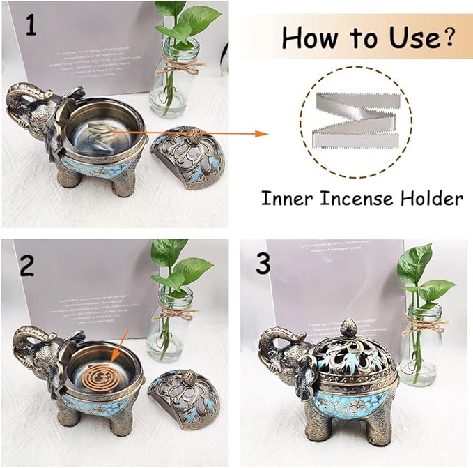 Hourwof Metal Elephant Incense Holder,Vintage Cone Coil Incense Burner with Lid,Ash Catcher,Aromatherapy Ornament Home Office Decor (Purple)