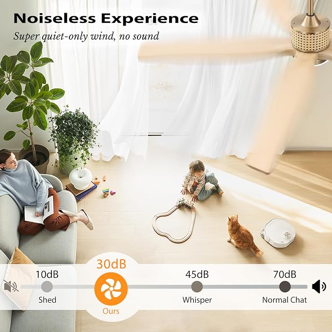 LEDLUX 60" Ceiling Fan with Light – Remote Control, Solid Wood, Quiet Reversible DC Motor, Light Oak/Gold Finish, Includes 4.5"/12" Downrods, Noiseless Ceiling Fan for Bedroom, Living Room, Porch
