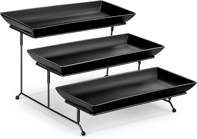 MALACASA 3 Tier Serving Trays for Party, Stoneware Serving Platters and Trays, 14 Inch Tiered Tray Stand, Fruit Tray, Trays for Serving Food, Black Dessert Stand with Collapsible Sturdier Metal Rack | Tiered Cupcake Stand for Party, Fruit Tray, Trays f...