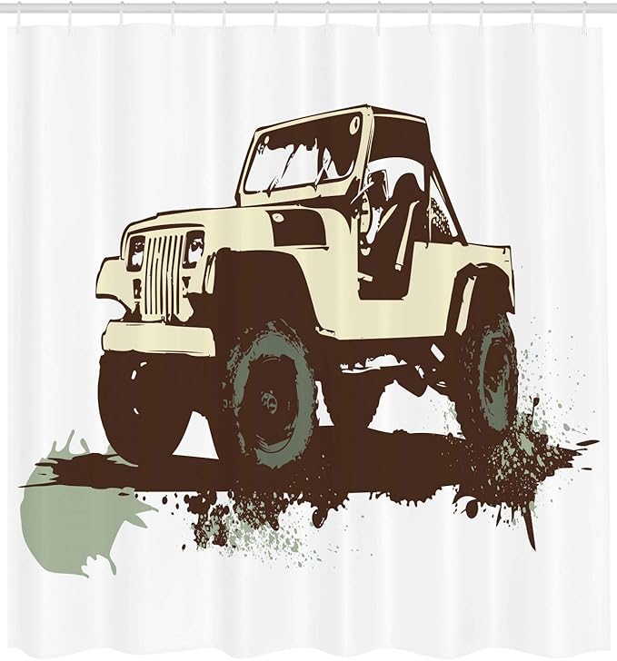 Ambesonne Grunge Shower Curtain, Retro Pop Art Style Vintage Car on The Road Adventure Graphic Design Print, Cloth Fabric Bathroom Decor Set with Hooks, 69" W x 70" L, Brown Cream and Mint
