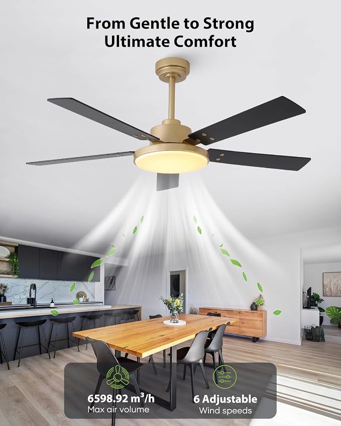 52 Inch Gold Ceiling Fans with Lights and Remote/APP, Modern Sleek Black and Gold Ceiling Fan, ETL Listed, Indoor Smart Black Ceiling Fan for Home Decoration Bedroom Living Room, 3CCT, 6 Speeds