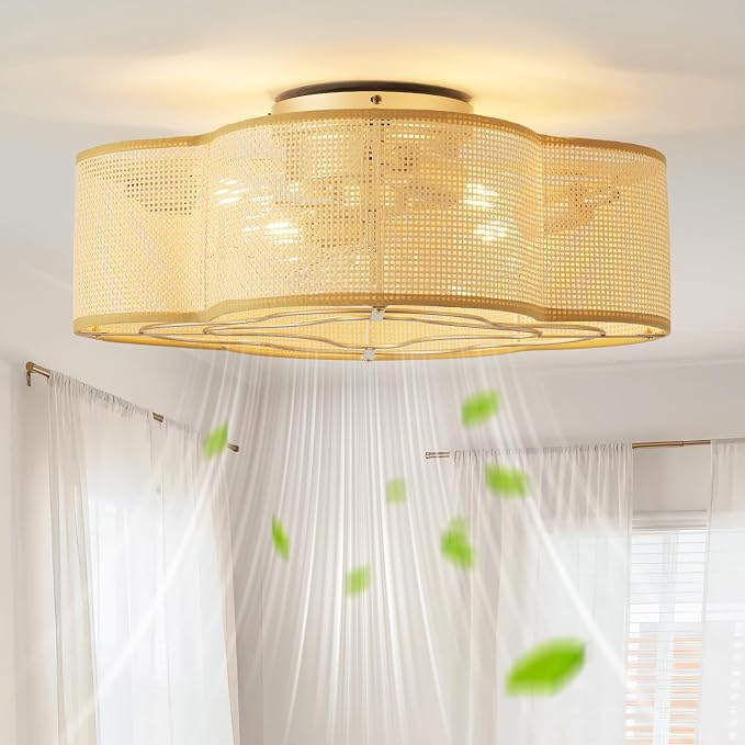 Boho Ceiling Fans with Lights, 20" Low Profile Ceiling Fan with Light Remote Control, Bladeless Flush Mount with 6 Speeds for Bedroom, Nursery, Living Room.