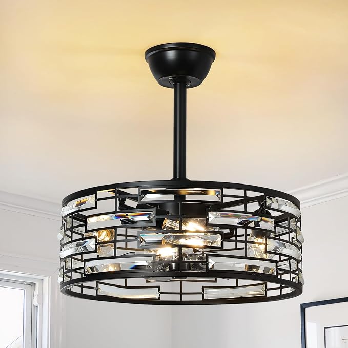 Crystal Caged Ceiling Fans Lights: 18.9'' Semi Flush Mount Fandelier Farmhouse with Remote, 6 Speeds, Timing, Black Industrial Chandelier Ventilador de Techo for Bedroom Kitchen Living Dining Room
