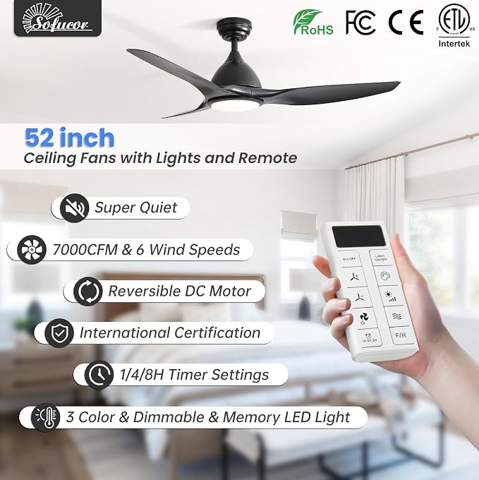 Sofucor 52 Inch Smart Ceiling Fan with Light, Modern Ceiling Fan with 3 Plastic Blade, Quiet, Dimmable, Compatible with Alexa/Google/App, 6 Speeds 7000CFM, Timer Quiet Reversible DC Motor, Black