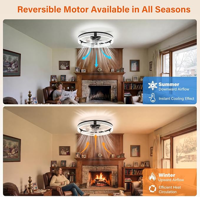Ceiling Fans with Lights and Remote, 20'' Low Profile Ceiling Fan with APP Control, 3000K-6500K Dimmable, Quiet Reversible DC, Modern Flush Mount Fandelier for Bedroom (Black-Stripe)
