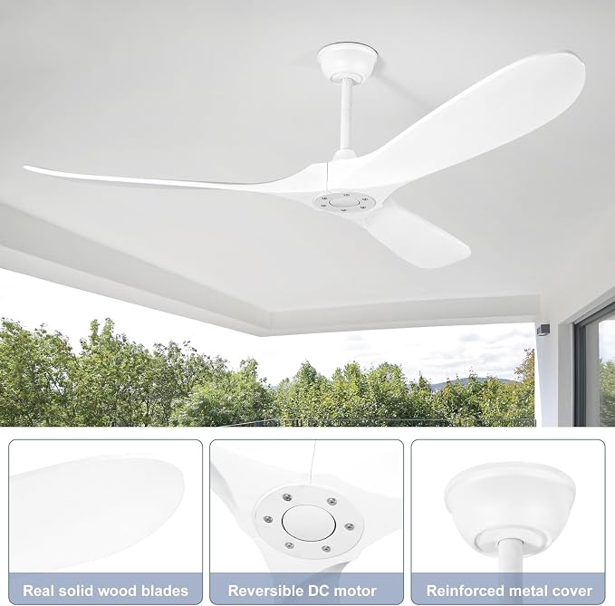 Solid Wood Ceiling Fans no Light,60'' White Ceiling Fan with Remote Control,DC Motor with Large Airflow,Indoor and Outdoor Ceiling Fan for Living Room,Bedroom,Patios