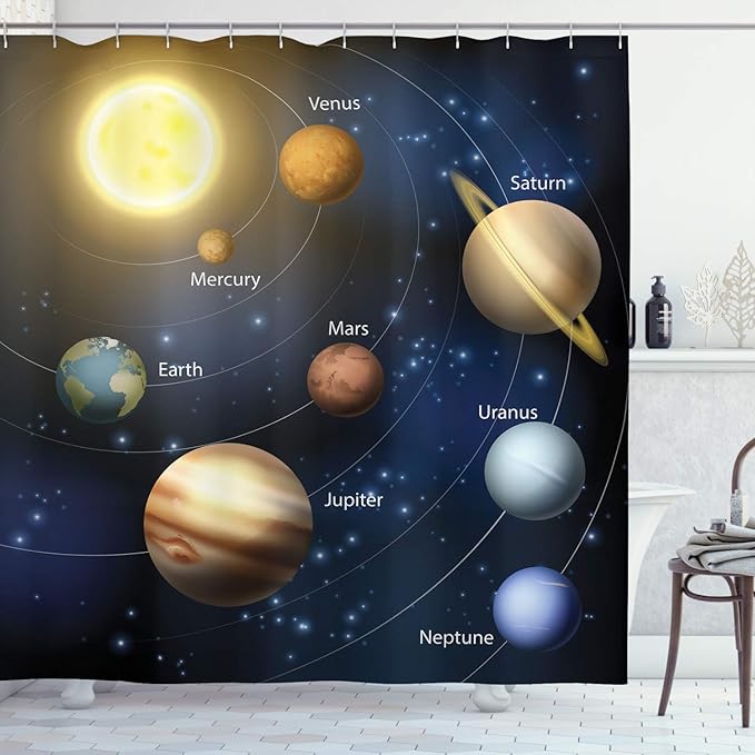 Ambesonne Science Shower Curtain, Realistic Illustration of Solar System Sun Planets Orbit Astronomy Outer Space, Cloth Fabric Bathroom Decor Set with Hooks, 69" W x 75" L, Dark Night Blue Brown