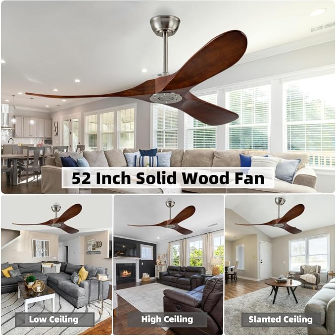 52'' Ceiling Fan Without Light, Remote Control, Wooden Modern Vintage Ceiling Fan for Indoor Outdoor, Bedroom, Dining Room, Terrace, Living Room, Farmhouse, Office (Brushed Nickel+Dark Walnut)