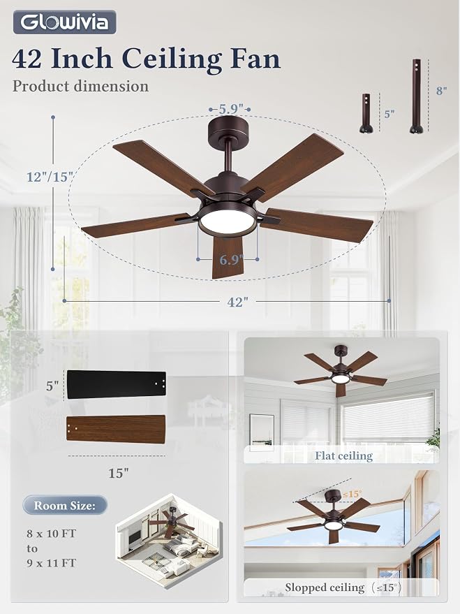 42 Inch Ceiling Fan with Lights and Remote, Smart APP Control, Dimmable with All-Setting Memory, Quiet DC Motor Reversible Blades, Damp Rated Modern Ceiling Fan for Bedroom Patio Living Room