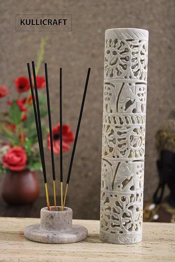 Carry Me Marble Soapstone Incense Stick Holder | Candle Burner | Tea Light Holder - Perfect Handmade Elephant Carving for Gifting. Decorative Home and Office Decor.(3 x 3 x 10.5 Inches)