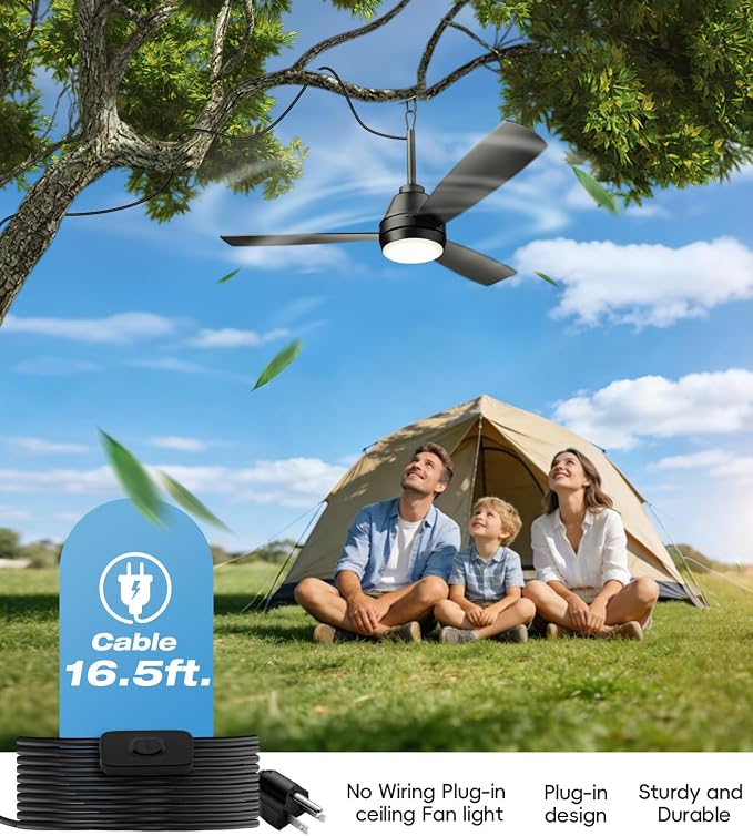 42 inch outdoor ceilling fan,plug-in ceiling fan light with 16tf cord,Gazebo fan light dimmable 3CCT LED,Reversible,Portable hook design for bedroom garage tent porch kitchen patio.
