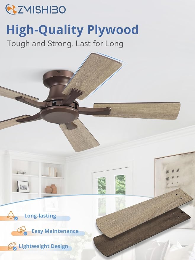 ZMISHIBO 42 Inch Ceiling Fan No Light, Flush Mount Low Profile, Farmhouse Brown Ceiling Fan Without Light, Remote Control & Quiet DC Motor, for Indoor&Outdoor, Bedroom, Living Room