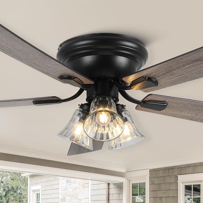 52" Flush Mount Farmhouse Ceiling Fan with Lights and Remote, Rustic Vintage Ceiling Fan Antique Fandelier 3-Lights 5 Reversible Blades Chandelier for Bedroom Living Room Dining Room
