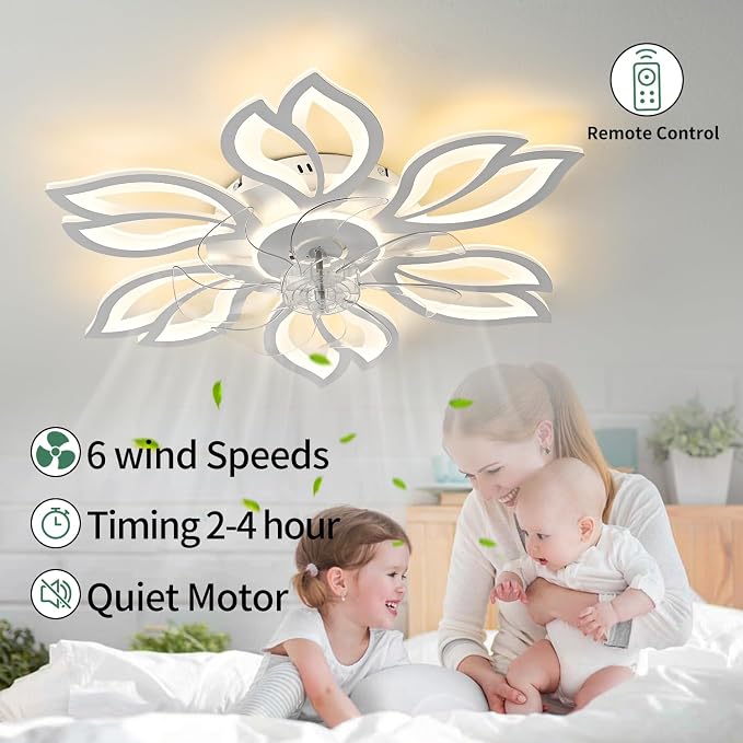 White Flower Modern Ceiling Fans with Lights, Low Profile Ceiling Fan with Remote for Bedroom, Flush Mount Ceiling Fan with LED Dimmable Light,3-Colors, 6-Speeds, Ceiling Fans Light
