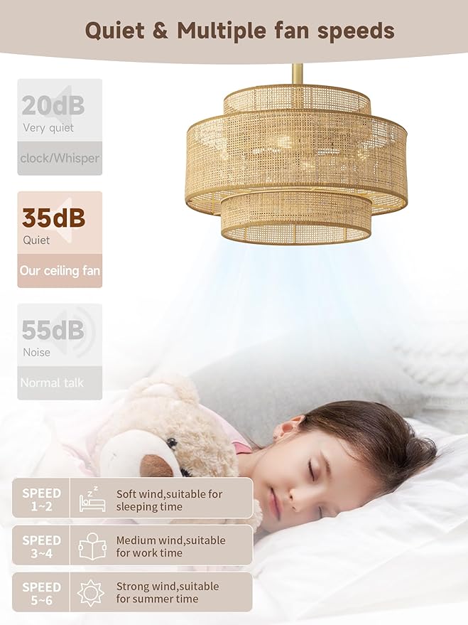Boho Fandelier Ceiling Fan with Light Rattan Chandelier Fan Remote Gold Caged Ceiling Fan with Light for Bedroom, Living Room Nursery Foyer Kitchen（6 Speed, Timing Adjustable Height）