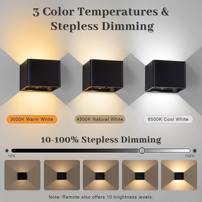 Rechargeable Motion Sensor Wall Light with Remote, 6000mAh Magnetic Battery Operated Wall Sconces, 3 Color Temperatures & Dimmable, Black LED Up Down Wireless Wall Lamp for Bedroom Living Room, 2-Pack