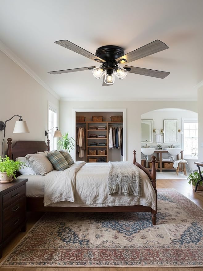 52 Inch Vintage Ceiling Fan with Light and Remote Control | Flush Mount Chandelier Fandelier Rustic with 6 Speeds 5 Reversible Blades for Bedroom Kitchen Dining Room