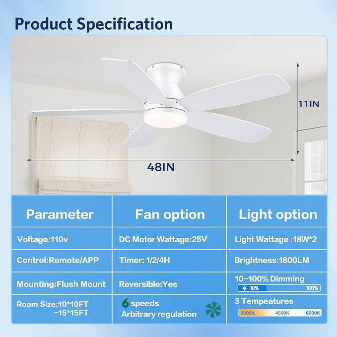 JSAITEE Flush Mount Ceiling Fans with Lights - 48in Low Profile Ceiling Fan with Light and Remote, DC Motor Quiet Operation, 3CCT Dimmable, Timer, Modern Fan Light for Indoor, Bedroom, Kitchen, White