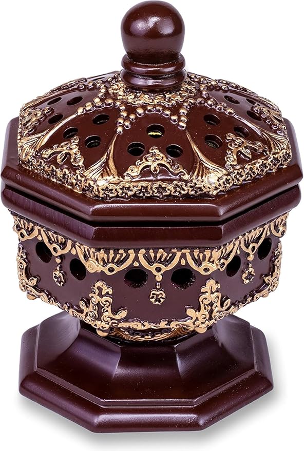 AM Lux Octagon Incense Burner – Bakhoor & Cone Holder | Charcoal Resin Burner for Frankincense, Myrrh & Aromatherapy | Decorative Mabkhara for Home, Office & Meditation Room Decor (Octagon Brown)
