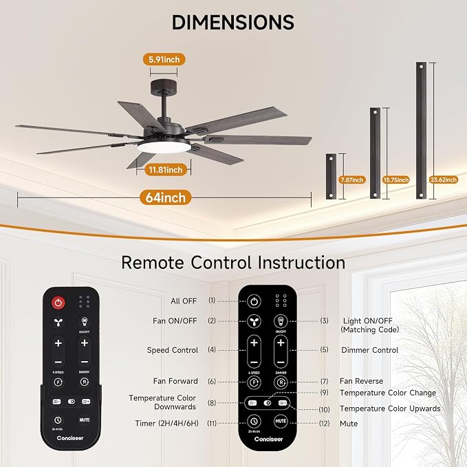 64 Inch Ceiling Fans with Lights and Remote, Bedroom Living Room Office Library Cafe Outdoor Industrial, 5CCT Dimmable, Dual Color 7 Blades, 6 Speed Reversible Quiet DC Motor, Brown/Wood Grain