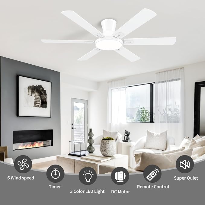 52 Inch White Ceiling Fans with Lights and Remote,Flush Mount Low Profile 6 Blades Ceiling Fan with 10 Inch Lighting Fixture,Quiet Reversible DC Motor for Living Room,Bedroom and Patio
