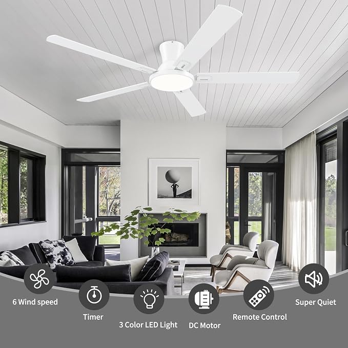 60 Inch White Ceiling Fans with Lights and Remote, Flush Mount Low Profile 6 Blades Ceiling Fan with 10 Inch Lighting Fixture, Quiet Reversible DC Motor for Living Room, Bedroom and Patio