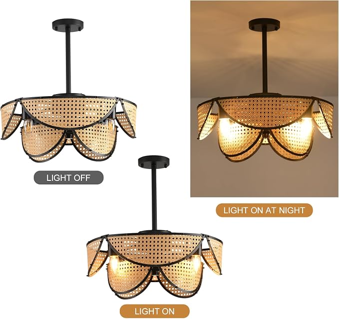 Ganeed 20" Boho Caged Ceiling Fan with Light and Remote, Layered Rattan Enclosed Flush Mount Boho Ceiling Fans Lights, Low Profile 6 Speed Reversible Fandelier for Bedroom Kitchen Living Room Nursery