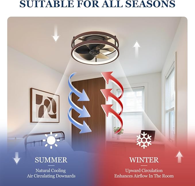 13 Inch Small Ceiling Fan with Light and Remote, Low Profile Flush Mount Fandelier, Dimmable 3CCT Quiet LED Ceiling Fans for Bedroom Iron Walnut