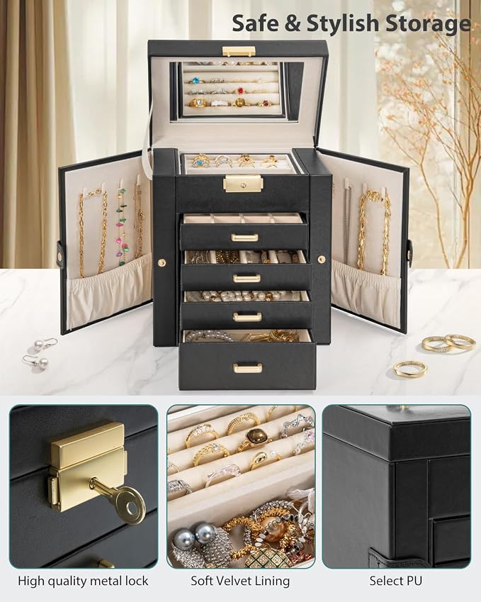 AKOZLIN 5-Tier Jewelry Box Leather Jewelry Storage Organizer with 4 Drawers Lockable for Women Girls Ring Necklace Earring Bracelet Watches Holder with Mirror Black