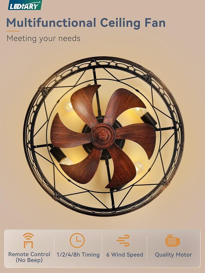 LEDIARY Caged Flush Mount Ceiling Fans with Lights, 23 Inch Farmhouse Low Profile Ceiling Fan with Remote, Small Bladeless Fan Lights Ceiling Fixtures for Bedroom, Kitchen- Black and Gold