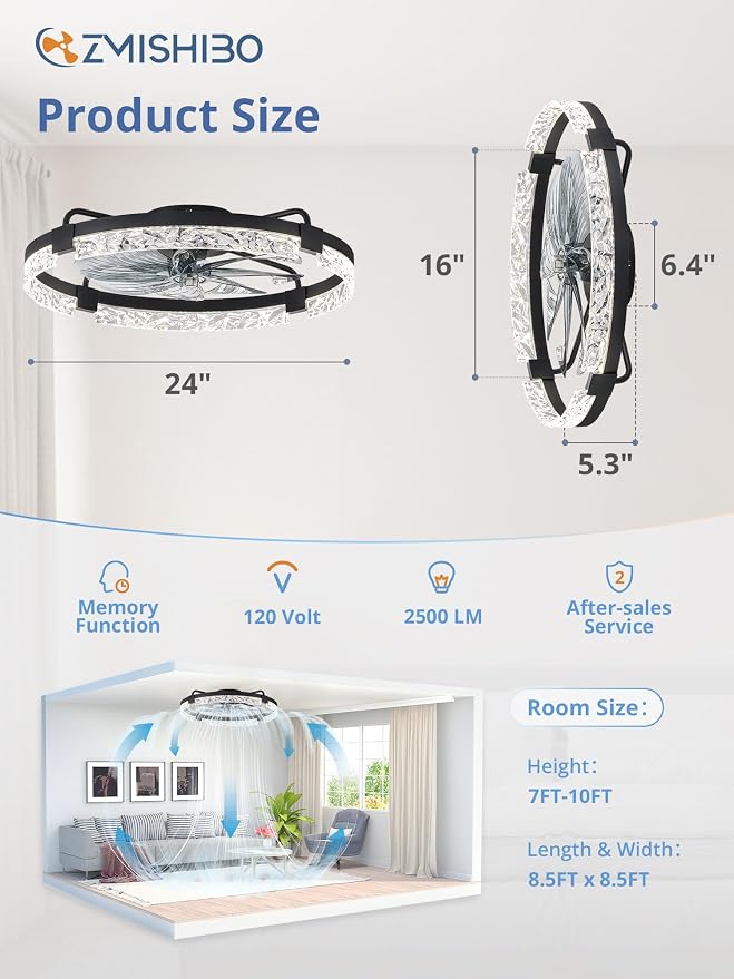 ZMISHIBO 24 Inch Flush Mount Ceiling Fan with Light and Remote, Modern Bladeless Ceiling Fan, Low Profile Enclosed Ceiling Fan for Bedroom Kids Room, 6 Speeds DC Motor, 3CCT Dimmable