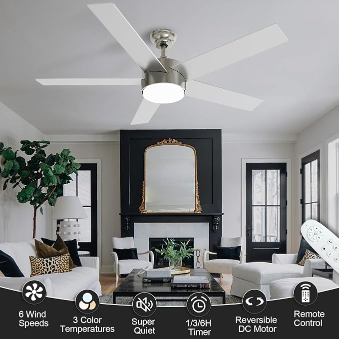 POCHFAN 52 Inch Brushed Nickel Ceiling Fans with Lights,Ceiling Fan with Remote Control,Reversible DC Motor,3 CCT 6-Speed,Noiseless Ceiling Fan for Bedroom,Living Room,Dining Room,ETL Listed