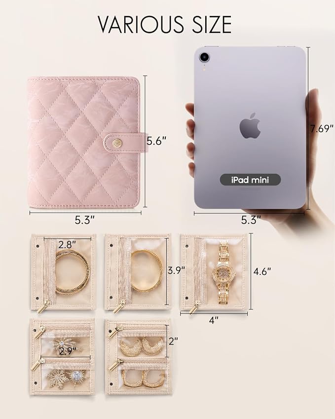 VLANDO Travel Jewelry Organizer Case,Gifts for Women,Portable Jewelry Storage Book Ring Binder with Clear Zipper Velvet Pouch Bag for Traveling,Rings,Necklace,Earrings,Bracelets,Brooches-Sand Pink