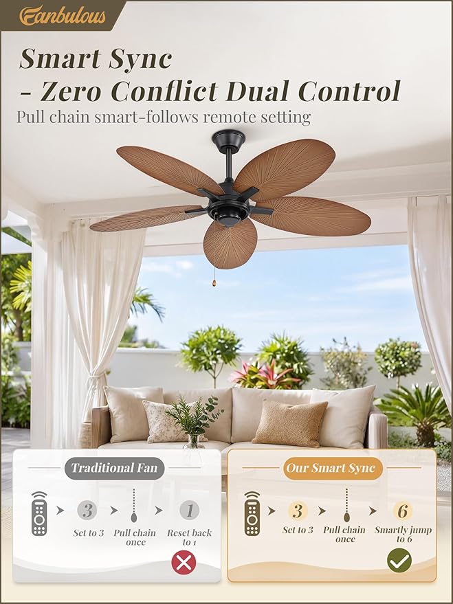 Fanbulous 52 Inch Ceiling Fan No Light, Remote & Pull Chain Tropical Fan With 6 Speeds, 3 Timers, DC Quiet Motor, 5 Palm Blade for Bedroom Living Room Covered Outdoor Patio Porch, Damp Rated, Walnut