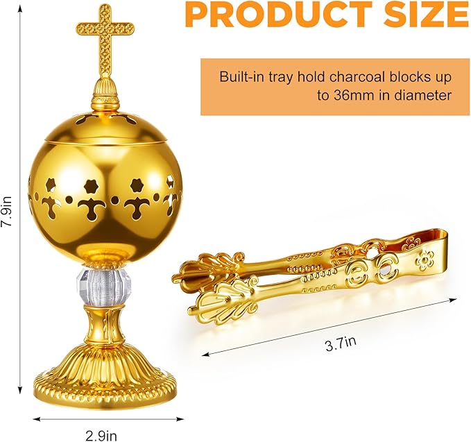 Zonon 2 Sets Gold Incense Burner with Tong, Frankincense Charcoal Incense Stand Holder, Ideal for Yoga, Spa, Aromatherapy, Home and Christian Church Censer (Retro)