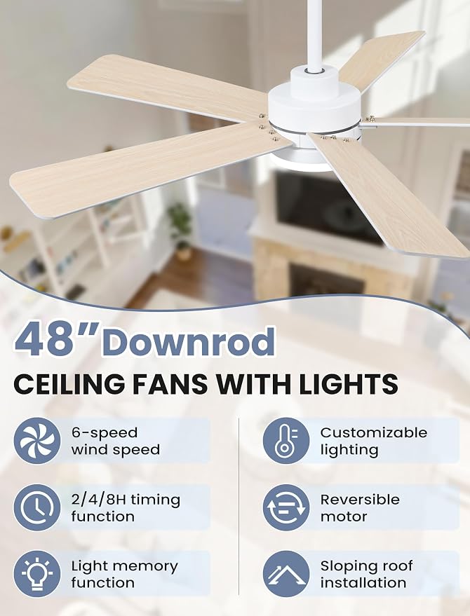 48 Inch Ceiling Fan with Lights and Remote, Downrod Mount, Sloped Ceiling Compatible up to 15°, Quiet Reversible DC Motor, 3CCT Dimmable LED, White Ceiling Fan for Bedroom Living Room