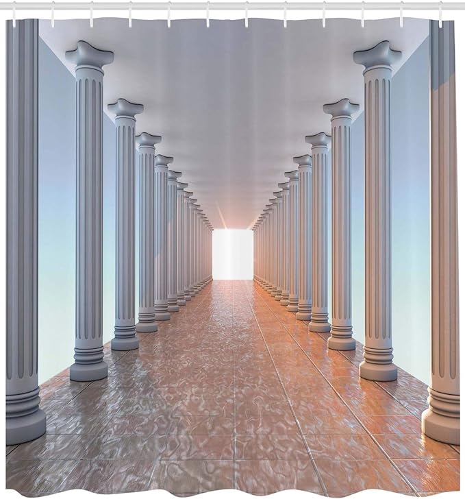 Ambesonne Vintage Shower Curtain, Corridor with Columns Marble Floor Old Library Classic Government Buildings Vintage Deco, Cloth Fabric Bathroom Decor Set with Hooks, 69" W x 70" L, Amber