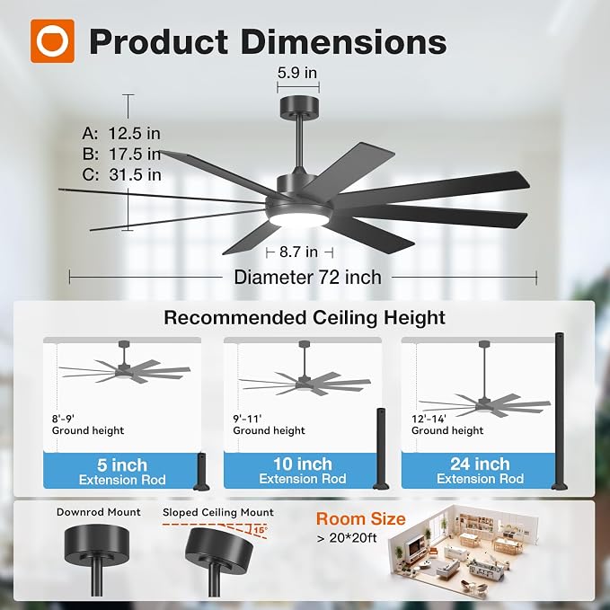 addlon 72 Inch Large Ceiling Fans with Lights, Black Ceiling Fan with Remote Control, Reversible, 5CCT, Dimmable, DC Motor, Modern Ceiling Fan for Living Room, Kitchen, Patio Indoor/Outdoor Use