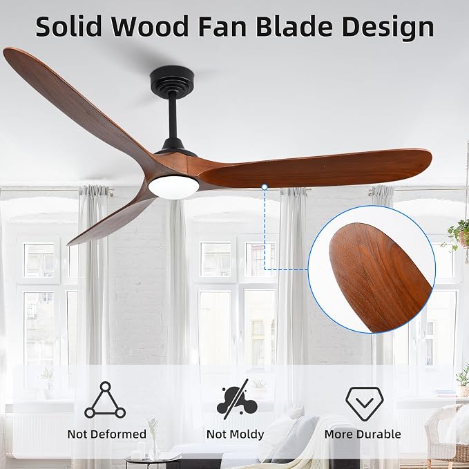 Ceiling Fan with Lights, 72'' Solid Wood Indoor/Outdoor Ceiling Fan with Quiet Reversible DC Motor, Compatible with Alexa/Google/App, 3CCT Dimmable, 6 Speeds Walnut Outdoor Fan for Patio Porch