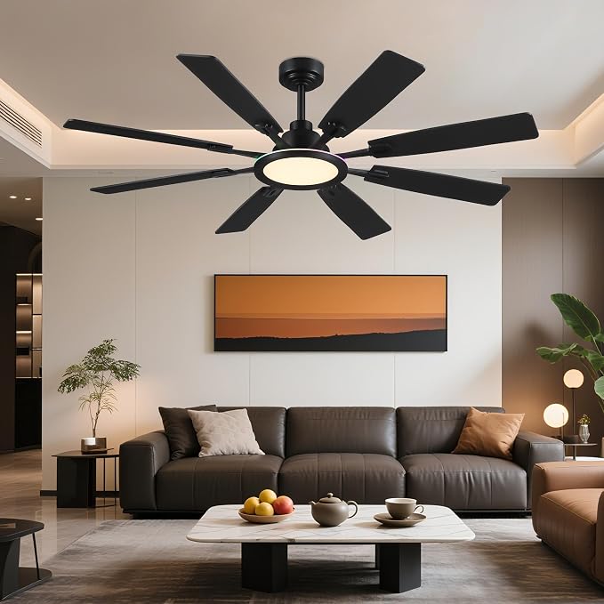 Ceiling Fan With Light & Remote Indoor/Outdoor Use 60 Inch RGB Black | Remote Control,RGB Dimmable,Reversible DC Motor,3CCT,Timer,Noiseless,Ceiling Fan for Bedroom Living Room