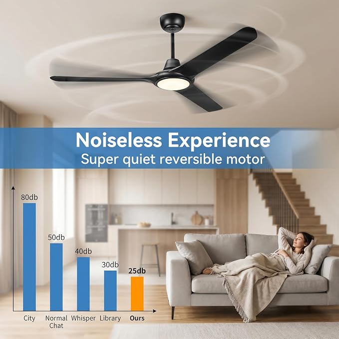56" Ceiling Fans with Lights,Low Profile Ceiling Fan with Lights and Remote Control,Smart Ceiling Fan,Noiseless Reversible DC Motor,3 Blade Black Ceiling Fans,Ceiling Fan for Indoor/Outdoor