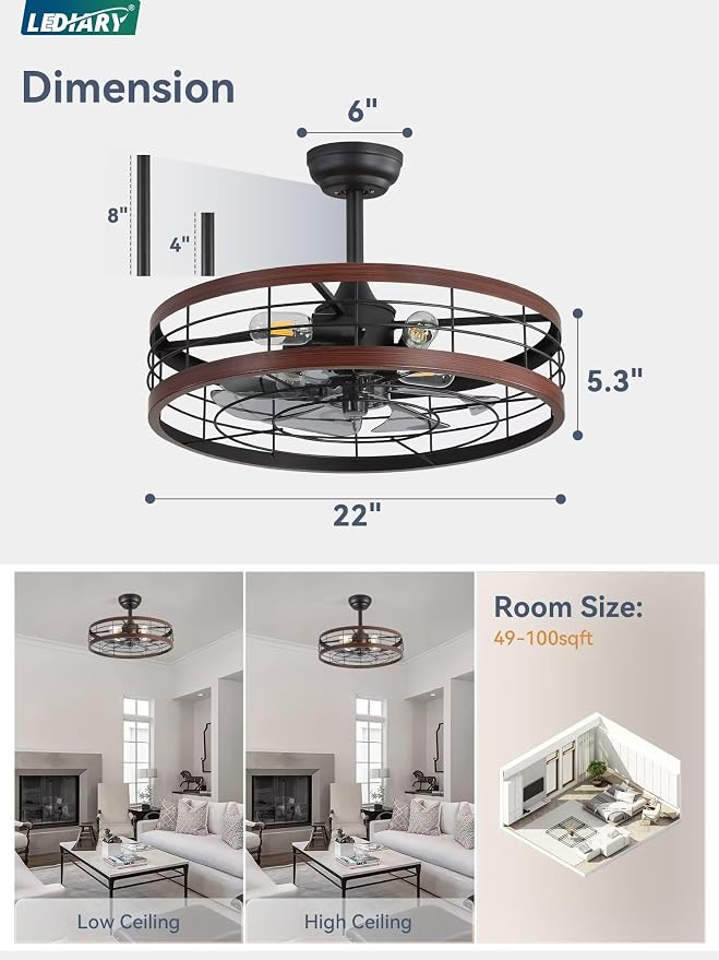 LEDIARY 22 inch Caged Ceiling Fan with Light, Fandelier Industrial Ceiling Fan with Remote, Farmhouse Fan Lights Ceiling Fixtures for Kitchen, Bedroom, Outdoor（6 Speed, Timing）-Walnut