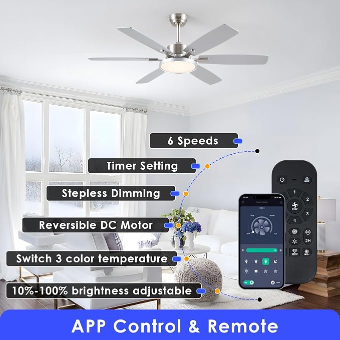 Hounberi 52 Inch Brushed Nickel Ceiling Fan with Light and Remote Control, Reversible DC Motor, Noiseless, Dimmable, 3CCT, 6 Speeds, Modern Ceiling Fan for Living Room, Bedroom, Indoor/Outdoor Use