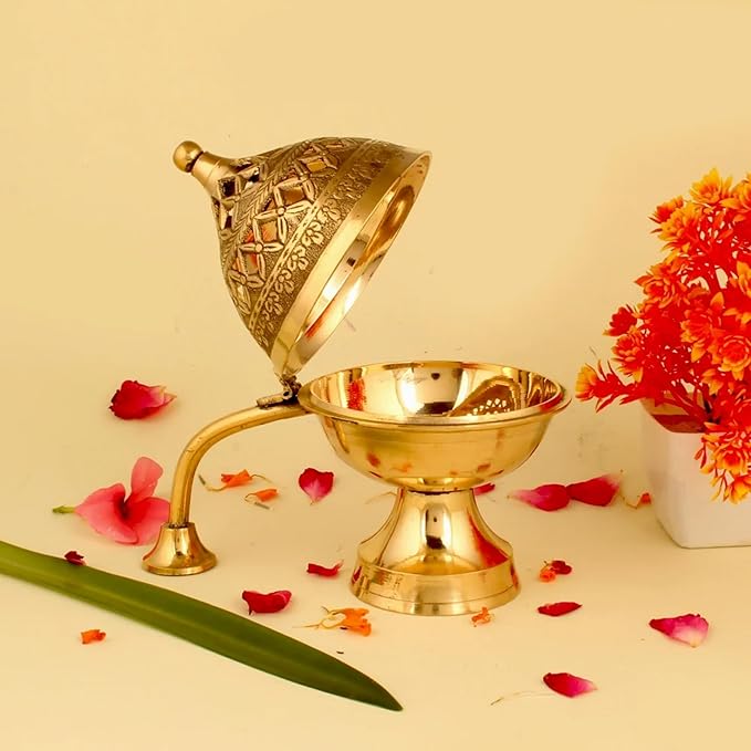 Brass Dhoop Dani with Handle for Puja | Traditional Brass Incense Burner with Dome Lid | Decorative Dhoop Holder for Temple, Home & Spiritual Use | (5 x 5)